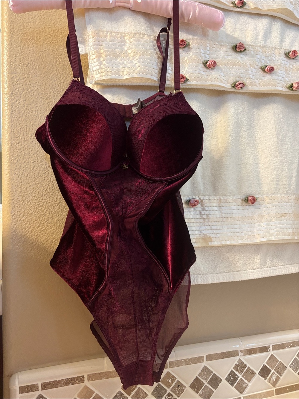 Daisy Fuentes Velvet & Lace Bodysuit in Deep Burgundy